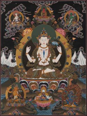 Original 4 Armed Chenrezig Thangka | Surrounded by Green Tara, White Tara, Manjushri, Amitabha Buddha, and Vajrapani